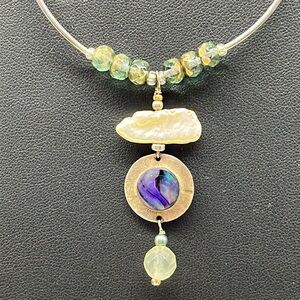 Jola hand made beach necklace with gems,  Abalone, glass and shell